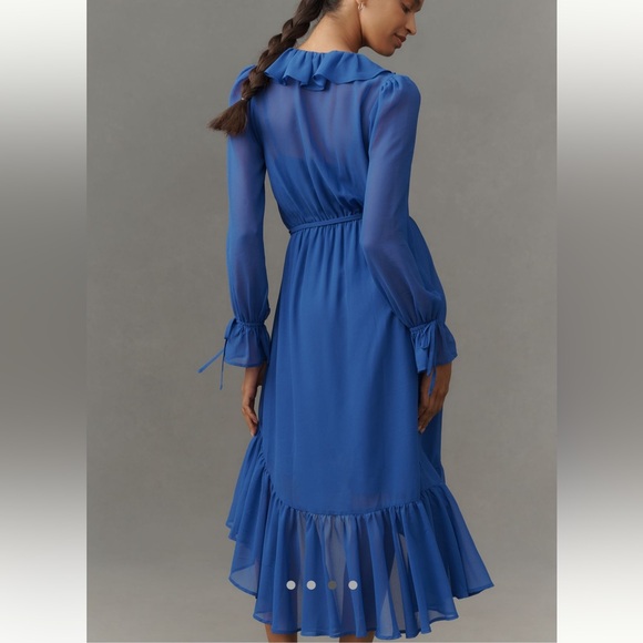 NWT By Anthropologie Long Sleeve Ruffled Asymmetric Midi Dress Blue - Picture 2 of 8